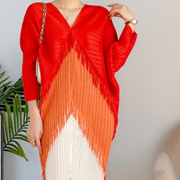 Kate Hewko Tiered Tassel Dress Accordion Pleated w/ Fringe Color Block - Picture 12 of 16